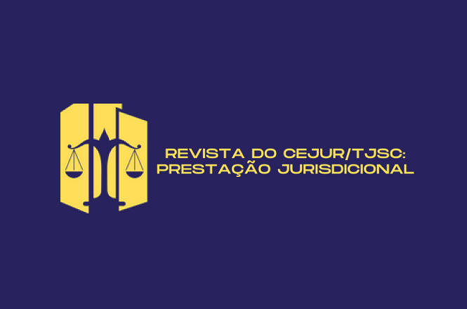 A imagem apresenta um fundo azul escuro com um logotipo e texto em amarelo. O logotipo está à esquerda e exibe uma representação estilizada de uma balança da Justiça. À direita, o texto diz: "REVISTA DO CEJUR/TJSC: PRESTAÇÃO JURISDICIONAL".