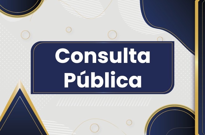 A imagem contém um fundo com elementos geométricos e texturas sutis, como círculos e linhas onduladas. No centro, há uma área retangular azul escura com borda fina, onde está escrito "Consulta Pública" em letras brancas e em negrito. O design possui detalhes em azul e dourado, conferindo um visual elegante e estruturado.