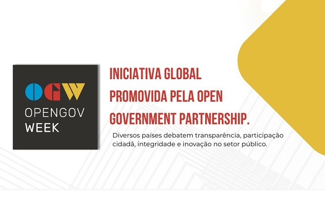 A imagem apresenta um logotipo no lado esquerdo com os caracteres "OGW" em um fundo escuro, seguido das palavras "OPENGOV WEEK". À direita, há texto em português que diz: "INICIATIVA GLOBAL PROMOVIDA PELA OPEN GOVERNMENT PARTNERSHIP. Diversos países debatem transparência, participação cidadã, integridade e inovação no setor público." Há também elementos gráficos, como linhas e uma forma amarela no canto superior direito.