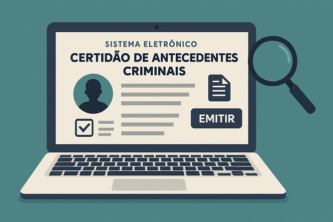 A imagem mostra a ilustração de uma tela de computador, representando um "Sistema Eletrônico" para emitir uma "Certidão de Antecedentes Criminais". Na tela, há um ícone de perfil genérico, algumas linhas que simulam texto e botões. O botão "Emitir" está destacado. Ao lado do computador, há uma lupa. O esquema de cores é predominantemente azul e cinza.