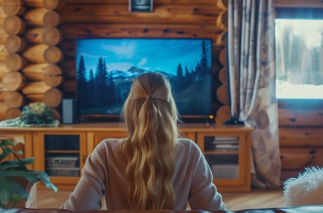 A imagem mostra uma pessoa sentada em uma sala de madeira, assistindo televisão. A televisão está exibindo uma paisagem de montanhas com árvores. A pessoa, vista de costas, tem cabelo loiro comprido. Ao redor, há uma mobília de madeira e uma cortina ao lado de uma janela, sugerindo um ambiente aconchegante e rústico.