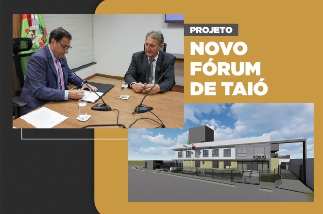 Arte digital: Francisco Oliveira Neto reúne-se sobre projeto do novo fórum de Taió em tons dourado e preto.