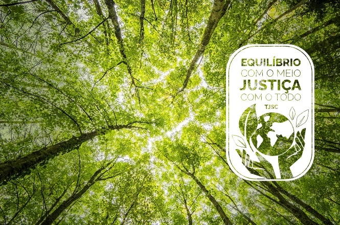 A imagem mostra a visão para cima em meio a uma floresta densa, com árvores altas e cobertas por folhas verdes, formando um dossel. Há uma luz suave filtrando através das folhas. No lado direito da imagem, há um selo com a inscrição: "EQUILÍBRIO COM O MEIO JUSTIÇA COM O TODO TJSC". O selo também apresenta o desenho de um globo terrestre sendo segurado por duas mãos, simbolizando a proteção ao meio ambiente.