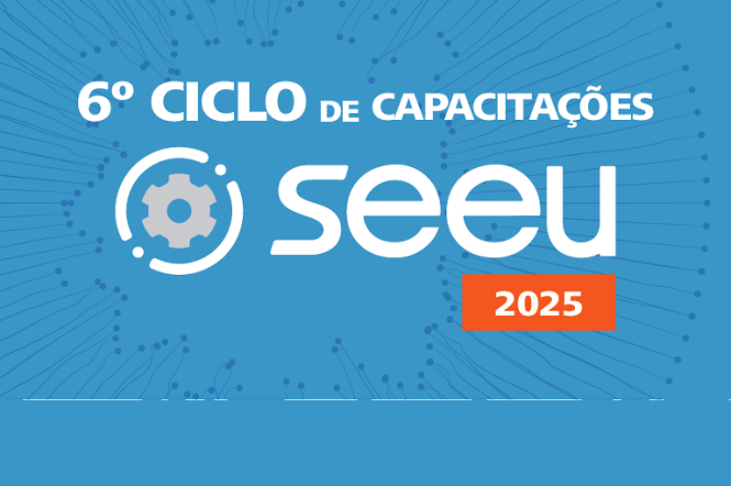 A imagem apresenta um fundo azul com um desenho de linhas e pontos conectados, como se fossem circuitos. No centro, há o texto "6º CICLO DE CAPACITAÇÕES", seguido de um logotipo circular com uma engrenagem e a palavra "SEEU". Abaixo, há um retângulo laranja com o ano "2025".