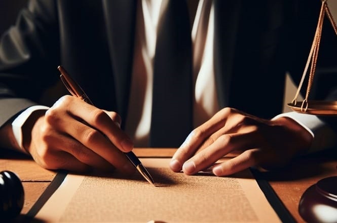 A imagem mostra uma pessoa de terno sentado à mesa, escrevendo em um documento com uma caneta. À esquerda, há um martelo de juiz, e à direita, uma balança de justiça, sugerindo um contexto jurídico ou legal. A iluminação é suave, destacando o ambiente formal e profissional.