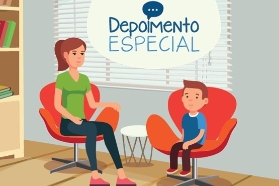 A imagem mostra uma ilustração com duas pessoas sentadas em cadeiras vermelhas em um ambiente que parece ser uma sala com uma janela ao fundo. Uma mulher está à esquerda e um menino à direita. No meio, há uma pequena mesa branca. Acima deles, há um balão de diálogo com as palavras "Depoimento Especial". Uma estante com livros está visível à esquerda.