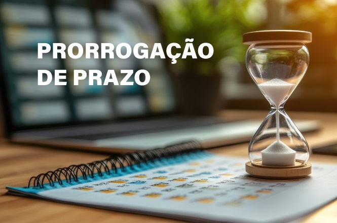 A imagem mostra uma ampulheta sobre uma mesa, ao lado de um caderno espiral aberto, com símbolos como relógios de sol e blocos de notas. Ao fundo, há um laptop desfocado. No canto superior esquerdo, está escrito "PRORROGAÇÃO DE PRAZO". A cena tem iluminação suave e elementos que sugerem um ambiente de trabalho ou escritório.