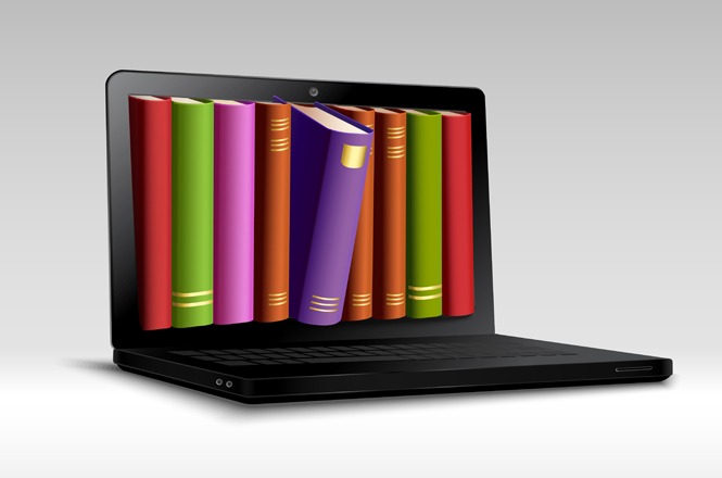 A imagem mostra uma representação gráfica de um laptop. Na tela do laptop, há uma série de livros coloridos, sugerindo o conceito de biblioteca digital ou ebooks. Os livros estão dispostos lado a lado, com um deles ligeiramente destacado, como se estivesse sendo puxado para fora da tela.