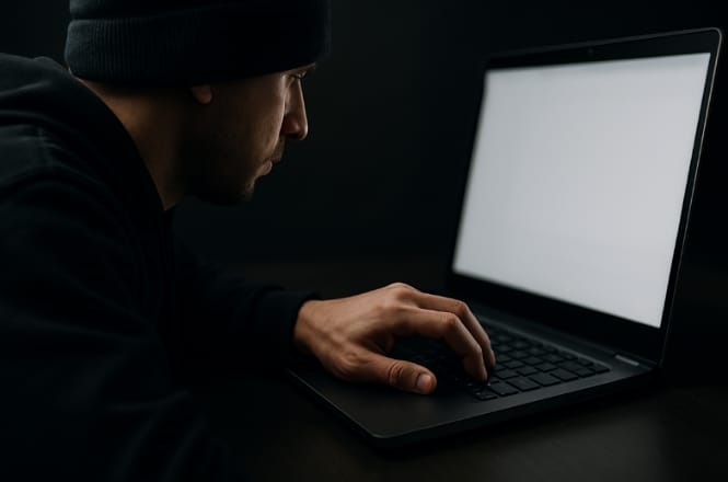 A imagem mostra uma pessoa usando um laptop em uma sala escura. A tela do laptop está acesa, mas não há nenhum conteúdo visível nela, apenas brilho branco. A pessoa está vestindo um gorro e uma roupa escura, concentrada na tela enquanto digita no teclado. O ambiente é pouco iluminado, criando uma atmosfera de foco e concentração.