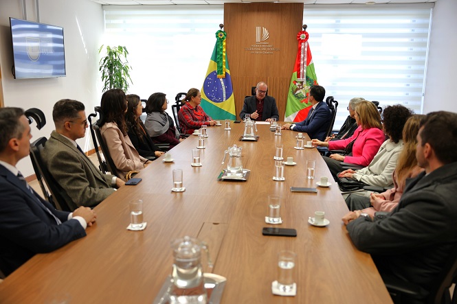A imagem mostra várias pessoas sentadas ao redor de uma mesa de reunião em uma sala de conferência. No centro da mesa há copos de água e garrafas. Duas bandeiras, uma do Brasil e outra de Santa Catarina, estão ao fundo. As pessoas parecem estar em uma reunião formal ou discussão. A sala tem uma decoração simples com uma planta e uma tela de TV na parede.