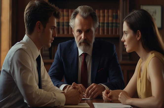 A imagem mostra três pessoas em uma reunião formal. No centro, há um homem mais velho com barba, usando terno e gravata, olhando atentamente. À esquerda, um homem mais jovem também de terno e gravata. À direita, uma mulher de vestido, todos sentados à mesa com expressão séria e concentrada, como se estivessem discutindo algum assunto importante. Ao fundo, há estantes cheias de livros.