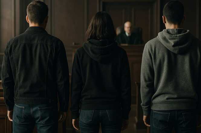 A imagem mostra três pessoas de costas, duas vestindo jaquetas e a do meio com uma blusa de moletom, em um tribunal. Ao fundo, um juiz está sentado na bancada, observando a cena. O ambiente tem uma aparência formal e séria, característico de uma sala de audiência.