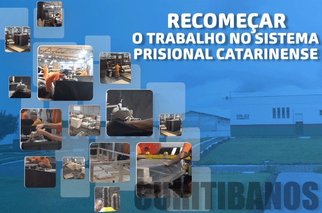 A imagem contém várias fotos pequenas de pessoas trabalhando em um ambiente industrial, envolvendo máquinas e materiais. No fundo, há um edifício que parece ser parte de um complexo prisional. No topo, está escrito "RECOMEÇAR O TRABALHO NO SISTEMA PRISIONAL CATARINENSE". A palavra "CURITIBANOS" está posicionada no canto inferior direito. A imagem destaca iniciativas de trabalho dentro do sistema prisional de Santa Catarina.