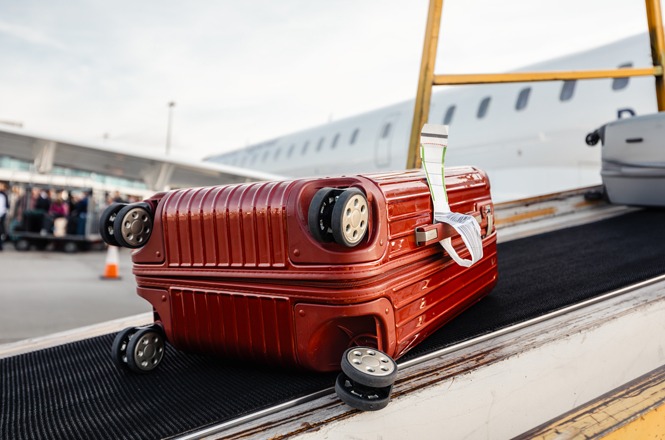 A imagem mostra uma mala vermelha em uma esteira de bagagens, provavelmente em um aeroporto. A mala está de lado e tem uma etiqueta de viagem presa a ela. Ao fundo, é possível ver parte de um avião e uma área externa do aeroporto. A esteira parece ser uma rampa que transporta bagagens para dentro ou fora do avião.
