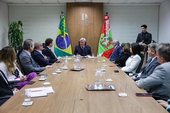 A imagem mostra uma reunião acontecendo em uma sala de conferências. Diversas pessoas estão sentadas ao redor de uma mesa longa de madeira. Na ponta da mesa, onde um homem está falando, há duas bandeiras: a do Brasil e a de outra entidade não especificada. No centro da parede ao fundo, há um logotipo do "Tribunal de Justiça". A mesa está equipada com garrafas de água, copos e alguns papéis. As pessoas na sala parecem estar prestando atenção ao homem que está falando.