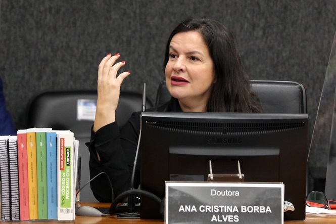Na imagem, há uma mulher sentada atrás de um monitor em um escritório ou sala de conferências. Ela está gesticulando com a mão direita enquanto parece estar falando. Na frente dela, há uma placa com o nome "Doutora Ana Cristina Borba Alves". Ao lado do monitor, há uma pilha de pastas ou livros coloridos. O ambiente parece ser formal, possivelmente um escritório ou sala de reunião.