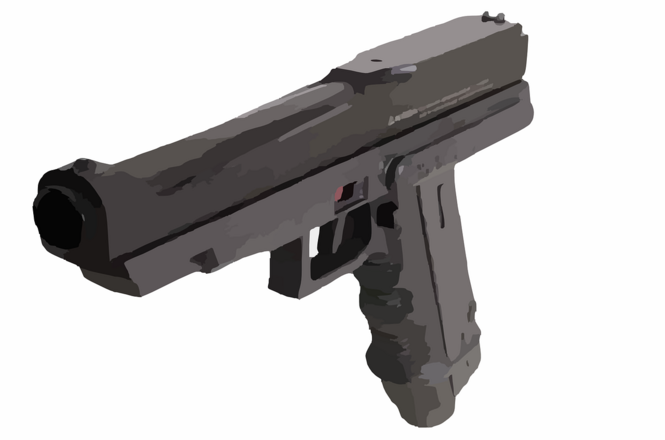 A imagem mostra uma ilustração de uma arma de fogo do tipo pistola. Está desenhada em tons de cinza e preto, com detalhes simplificados. A pistola está orientada para a esquerda, exibindo seu cano, gatilho e parte do carregador.