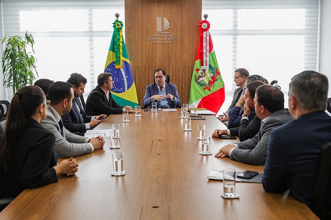 Foto horizontal: Francisco Oliveira Neto entre as bandeiras do Brasil e de SC conduz reunião com equipe, mesa longa, tons claros.