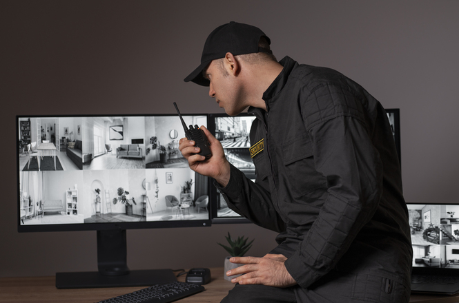 A imagem mostra um homem em primeiro plano vestindo um uniforme de segurança preto, com um boné combinando. Ele está segurando um rádio comunicador perto da boca, sugerindo que está se comunicando com alguém. Ele parece concentrado, o que transmite uma sensação de atenção e responsabilidade.No fundo, há duas telas de monitor exibindo imagens de câmeras de segurança. As imagens nas telas mostram múltiplos ambientes internos, como salas e corredores, em preto e branco, indicando que ele está monitorando um espaço fechado, possivelmente um edifício ou escritório.