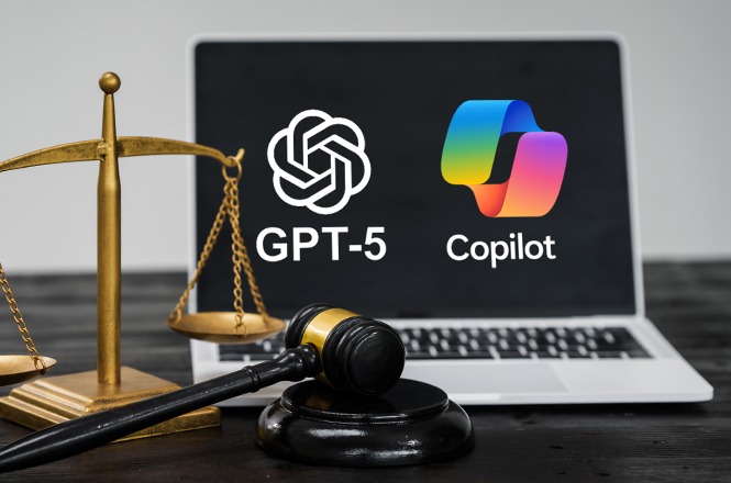 Uma balança de ouro, um martelo de madeira preta e um notebook com as logomarcas GPT-5 e Copilot estão sobre uma mesa escura.