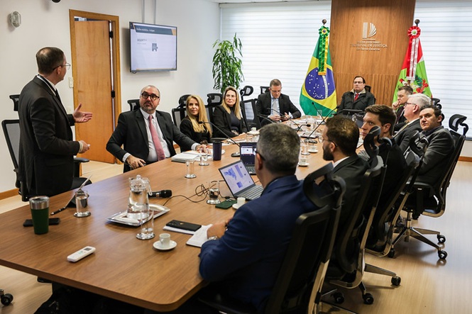 A imagem retrata uma reunião em uma sala de conferências. No primeiro plano, vemos uma mesa retangular de madeira em torno da qual estão sentadas várias pessoas, todas vestidas formalmente, sugerindo um ambiente profissional. Esses indivíduos parecem estar envolvidos em uma discussão ou apresentação, com um dos homens em pé gesticulando, possivelmente explicando e defendendo um ponto. No fundo da imagem, há duas bandeiras, uma do Brasil e outra de um estado brasileiro, sugerindo que o evento ocorre em algum lugar oficial no Brasil. Existe também uma planta em um vaso ao lado das bandeiras, contribuindo para a decoração do ambiente.