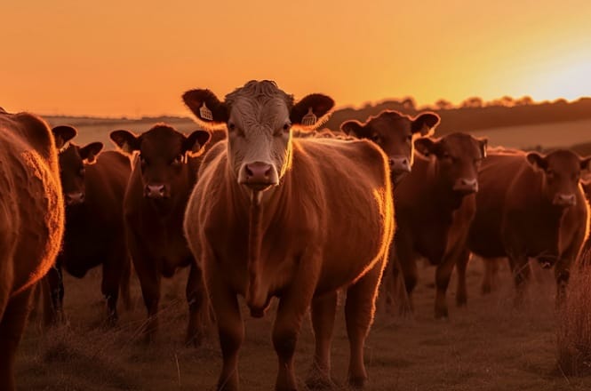 Várias vacas estão em um campo, ao pôr do sol. A luz do sol cria reflexos dourados em suas pelagens marrons e brancas