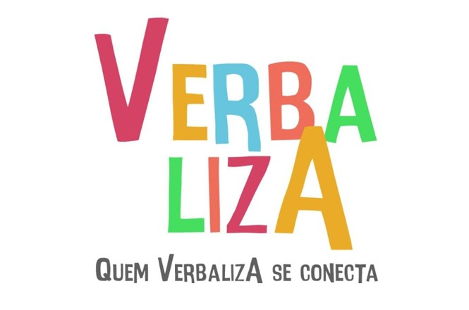 A imagem apresenta um design gráfico com texto no foco principal. No primeiro plano, destaca-se a palavra "VERBALIZA", escrita em letras maiúsculas e em cores vibrantes, como vermelho, azul, verde e amarelo.