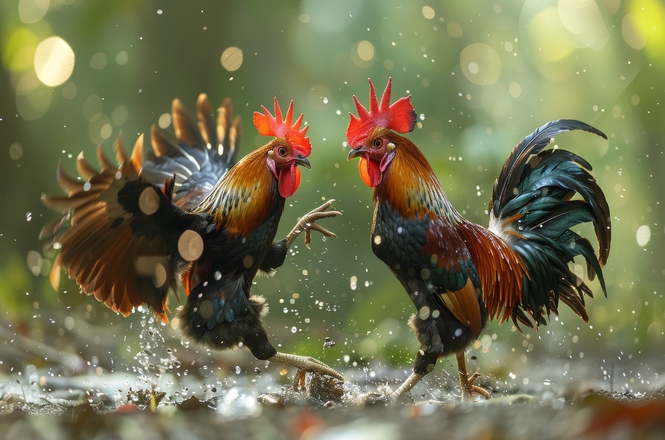 Dois galos travam uma luta animada no meio de uma poça de água e lama.  As penas vibrantes e o vermelho dos seus cristas contrastam com o fundo desfocado da floresta.