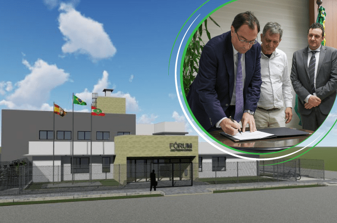 No canto, foto do Presidente assinando a ordem de serviço ao lado de outras autoridades, com imagem do fórum ao fundo.