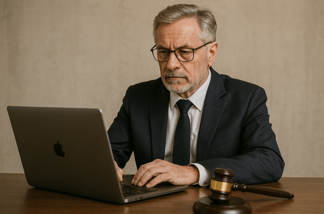 Homem de terno escuro trabalha concentrado em um laptop, com um martelo de juiz ao lado, sugerindo contexto jurídico.