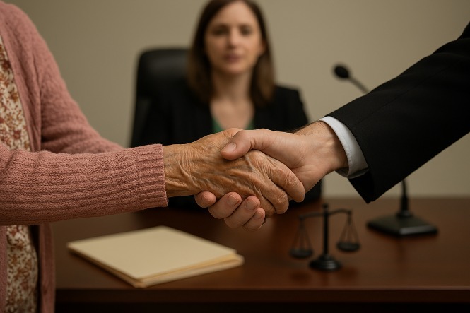 A imagem mostra duas pessoas apertando as mãos em um escritório, enquanto uma terceira, possivelmente uma advogada ou juíza, observa ao fundo, criando uma atmosfera formal e profissional.