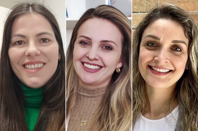 A imagem mostra três mulheres sorrindo para a câmera, em fundos diferentes, transmitindo uma atmosfera amigável, cordial e acolhedora.