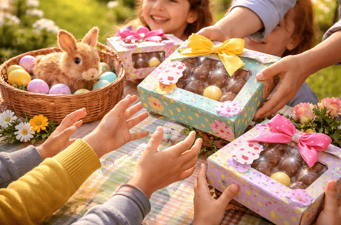 Foto colorida: mãos trocando caixas de chocolate e ovos, mesa externa decorada, celebração de Páscoa, compartilhando presentes em tons pastel