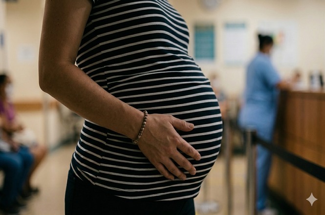 Foto horizontal: gestante segura a barriga em sala de espera; pessoas ao fundo; ambiente de saúde