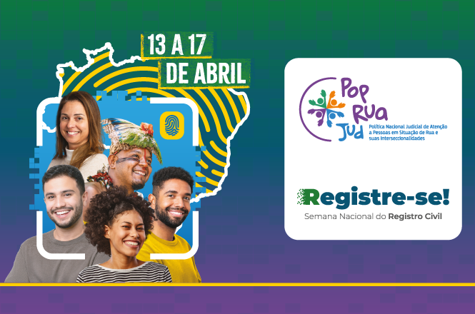 Arte gráfica: pessoas sorrindo em destaque, fundo ilustrado verde e azul, campanha nacional, divulgando Registre-se! em verde, azul e amarelo