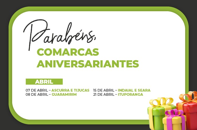 Arte gráfica: cartão com comarcas aniversariantes, fundo ilustrado institucional, celebração judiciária, divulgando datas em verde, branco e dourado