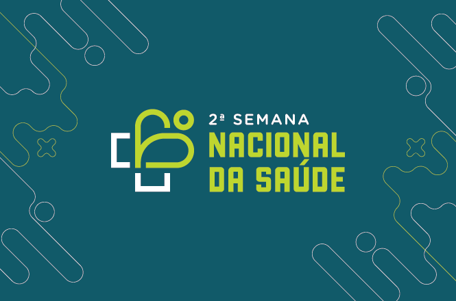 Arte gráfica: logotipo da Semana Nacional da Saúde, fundo gráfico abstrato, campanha institucional, divulgando evento em verde, azul e branco