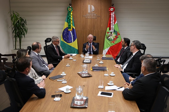 Foto colorida:Rubens Schulz, presidente do TJSC, ao centro da mesa, reunido com outros magistrados autoridades em sala institucional, debatendo pautas