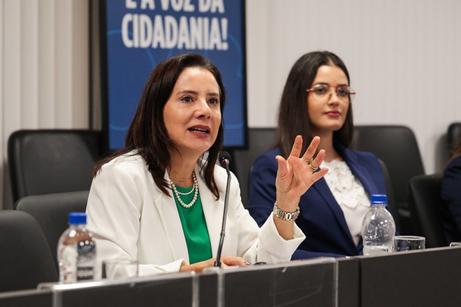 Foto colorida: juíza Candida Inês Zoellner Brugnoli em mesa de debate, sala institucional, evento público, discursando em azul, verde e branco
