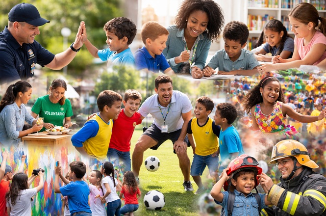 Foto colorida: famílias e crianças em atividades coletivas, parque comunitário, ação social integrada, participando de brincadeiras em verde, azul e amarelo