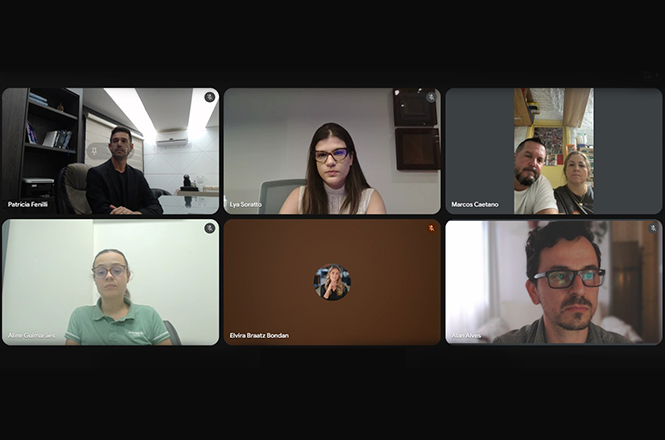 Foto colorida: participantes em videoconferência na tela, ambiente virtual, reunião institucional, debatendo pautas
