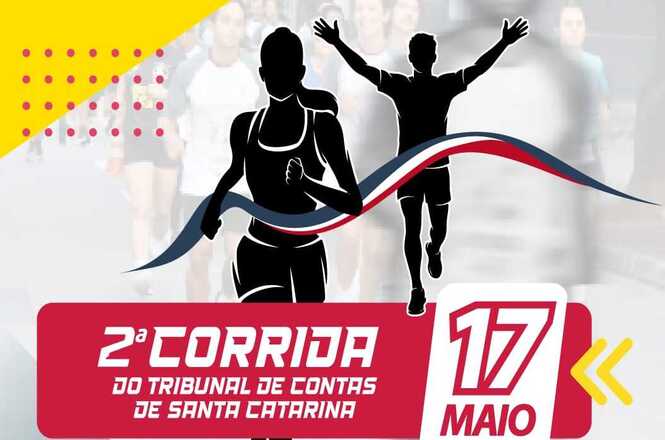 Arte gráfica com corredores em movimento, fundo ilustrado, evento esportivo, divulgando corrida em vermelho, preto e amarelo