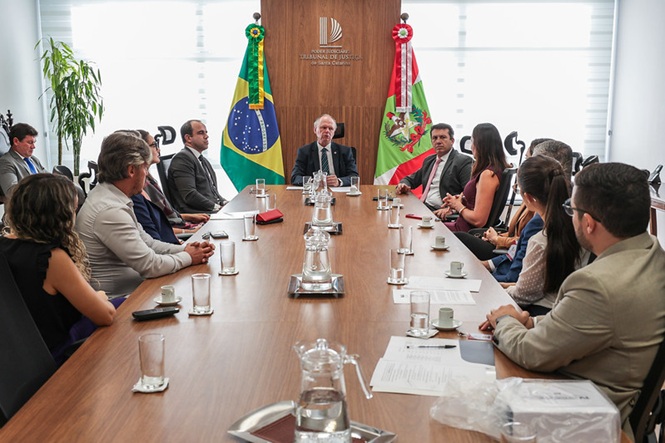 Rubens Schulz com pessoas reunidas à mesa, sala institucional, reunião oficial, debatendo pautas em tons madeira, verde e branco