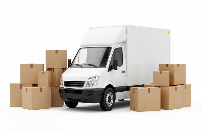 Uma van de entrega branca está cercada por pilhas de caixas de papelão, sugerindo um cenário de envio ou entrega.