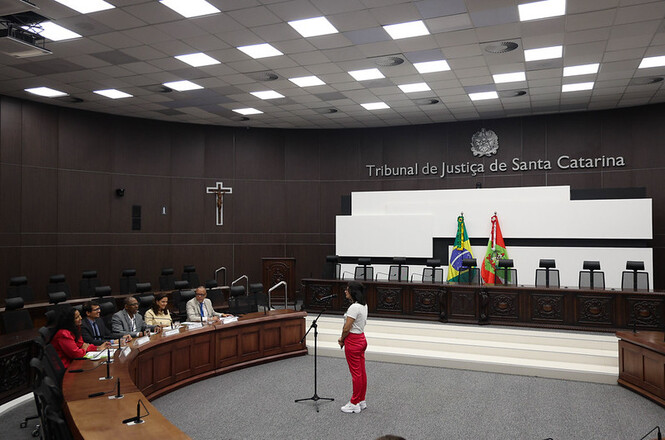Uma mulher de calças vermelhas está em pé diante de um microfone, endereçando um painel de juízes em um ambiente formal de tribunal.