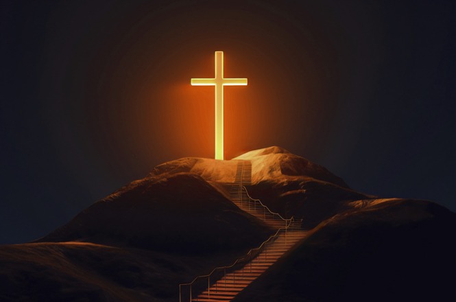 Arte ilustrativa: cruz luminosa no topo do monte, paisagem noturna, símbolo religioso, irradiando luz em dourado e preto