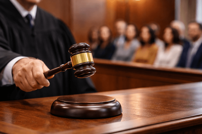 Foto colorida: martelo da Justiça em mãos sobre bancada, sala de audiências, julgamento formal, proclamando decisão em marrom, bege e preto