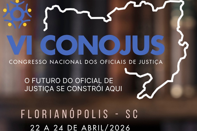 Arte gráfica: cartaz do VI CONOJUS, fundo ilustrado, congresso jurídico nacional, divulgando evento em azul, branco e cinza