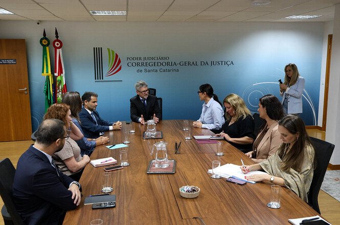 Fotografia horizontal: grupo em reunião, sala institucional com parede azul e bandeiras do Brasil e Santa Catarina, encontro jurídico, participantes sentados discutem ao redor da mesa, em tons azul, marrom e branco