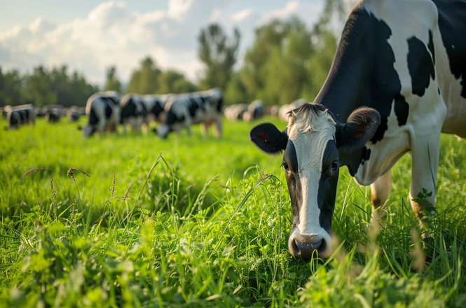 Foto colorida: vaca pastando em campo verde, paisagem rural aberta, pecuária sustentável, alimentando‑se em verde, preto e branco